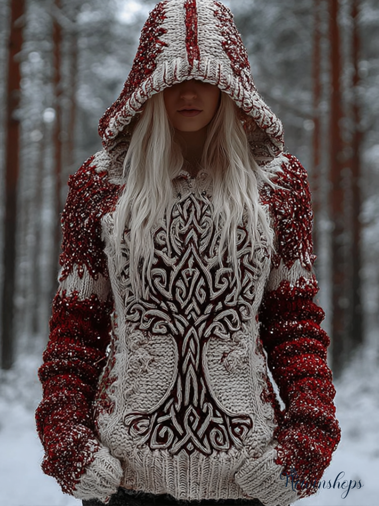 Viking Retro Style Women's Winter Warm Hooded Knit Sweater