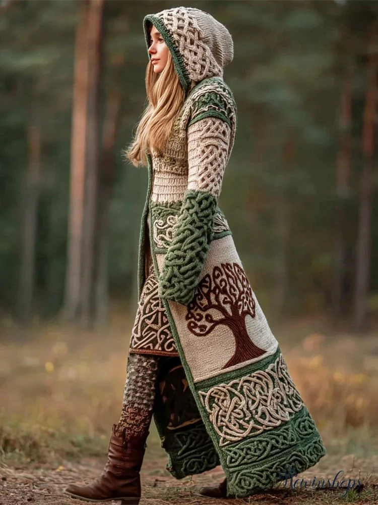 Celtic Tree Viking Art Women's Hooded Knit Long Cardigan