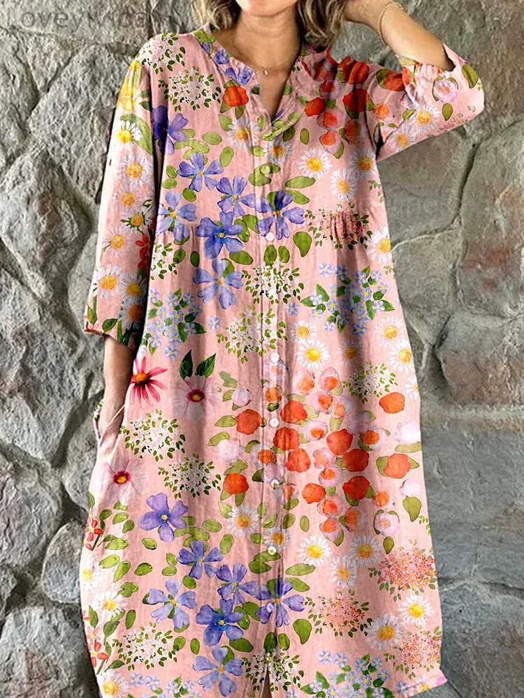 Women's 70s Vintage Meadow Floral Art Print Elegant Simple  Cotton Shirt Dress
