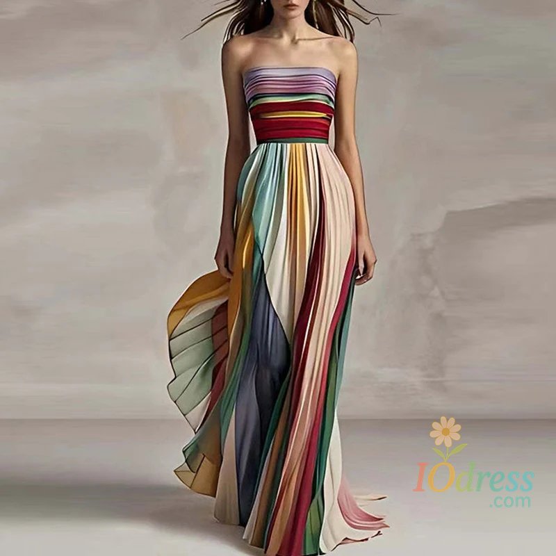 IO Dress Elegant Sexy Off Shoulder Tube Tops Colorful Stripes Maxi Dress Women Sleeveless Color Collision Wrinkles Irregular Party Dress IO Dress