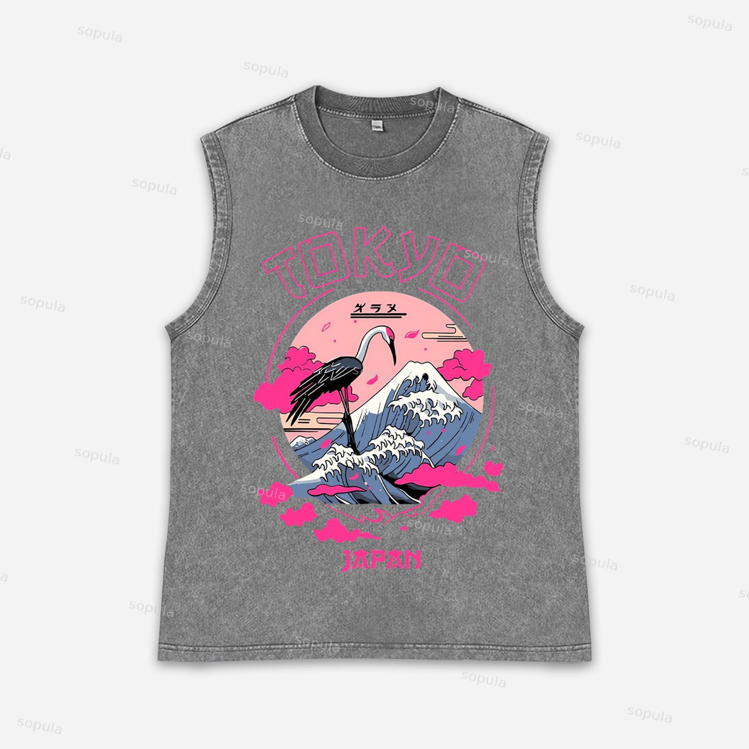 Vintage Japanese Crane Waves Graphic Acid Washed Tank Tops