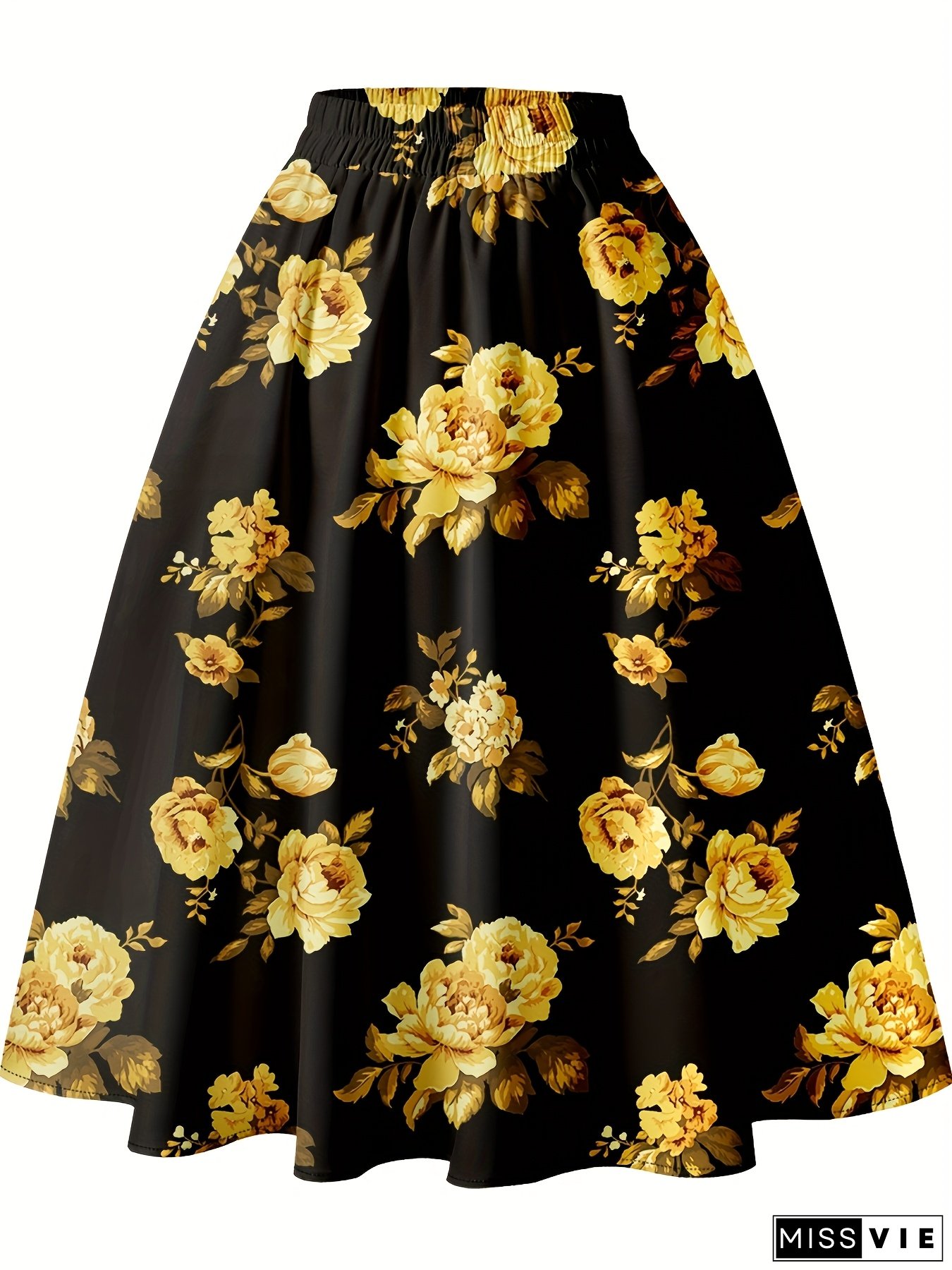 Women's Golden Yellow Floral Print on Black A-Line Skirt - Middle Eastern-Inspired Flared Umbrella Hem, Machine Washable All-Season Elegant Skirt for Casual & Formal Occasions, Occasion Wear, Formal Attire, Smooth Texture, No Stretch Fabric