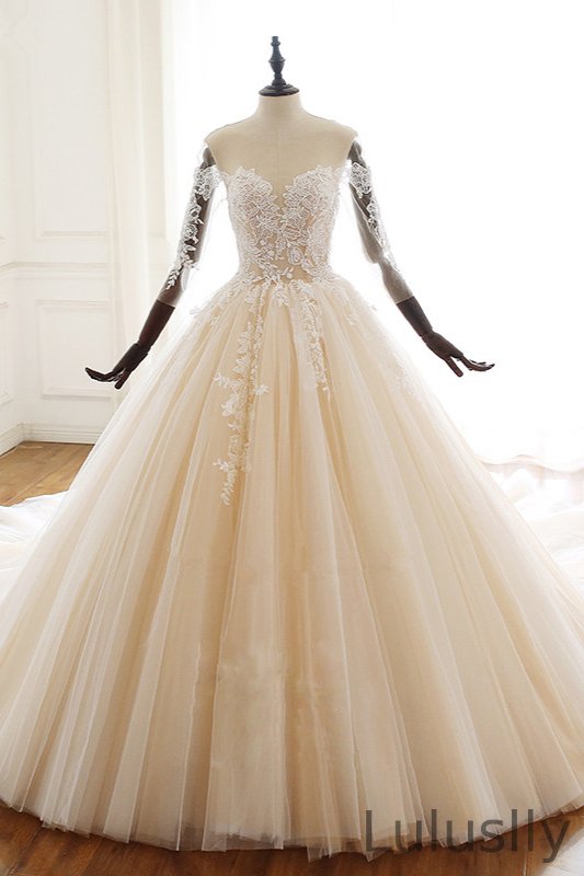 Luluslly Sleeves Ball Gowns Sweetheart Long Wedding Dresses With Lace Appliques