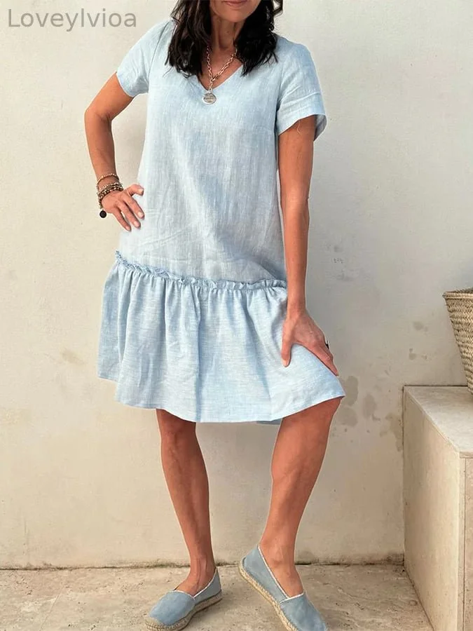 Women's Cotton And Linen Ruffled V-Neck Dress