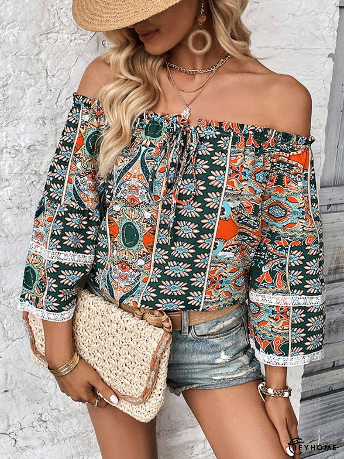Printed Frill Trim Off-Shoulder Blouse | IFYHOME