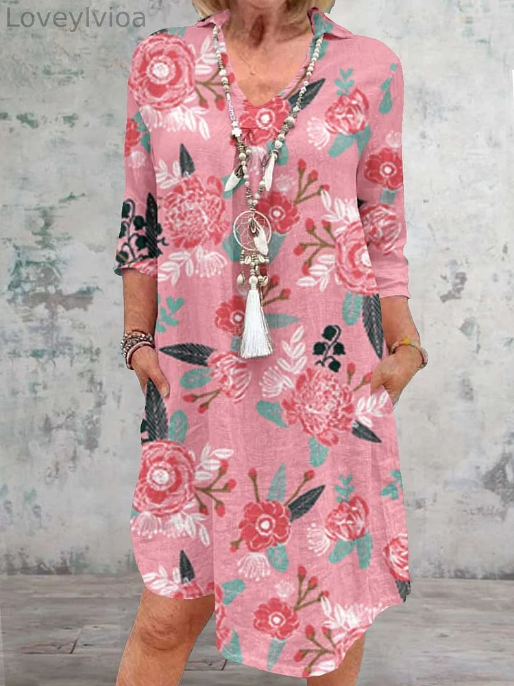 Women's Elegant Floral Pattern Cotton and Linen Dress