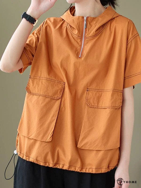 Loose Short Sleeves Zipper Hooded T-Shirts Tops | IFYHOME