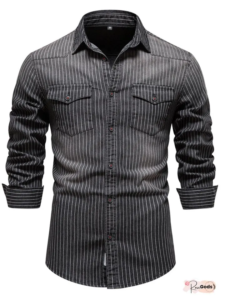 High-quality Heavy-duty Washed Old Striped Denim Shirt Men's Men's Lapel Wrinkle-resistant Wear-resistant Long-sleeved Shirt