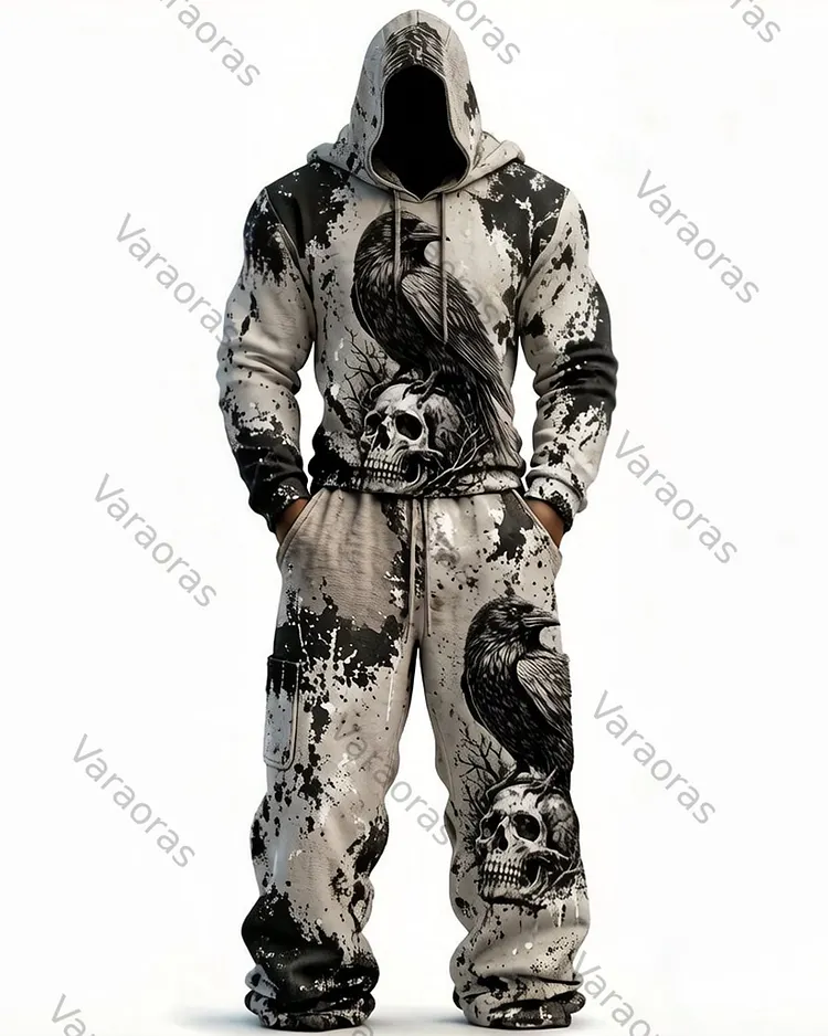 Men's Viking Color-Blocked Raven Embroidered Hoodie and Pants Two-Piece Set 3642
