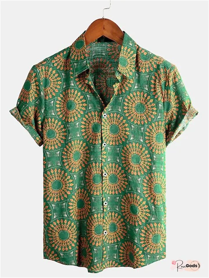Men's Shirt Graphic Shirt Tribal Classic Collar Green Blue Yellow Red Daily Beach Short Sleeve Clothing Apparel Basic Boho Designer