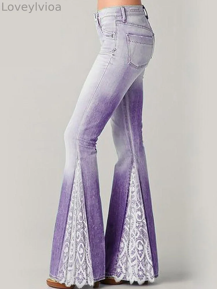 Fashion Denim Ombre Lace Patchwork Flare Leg Pants