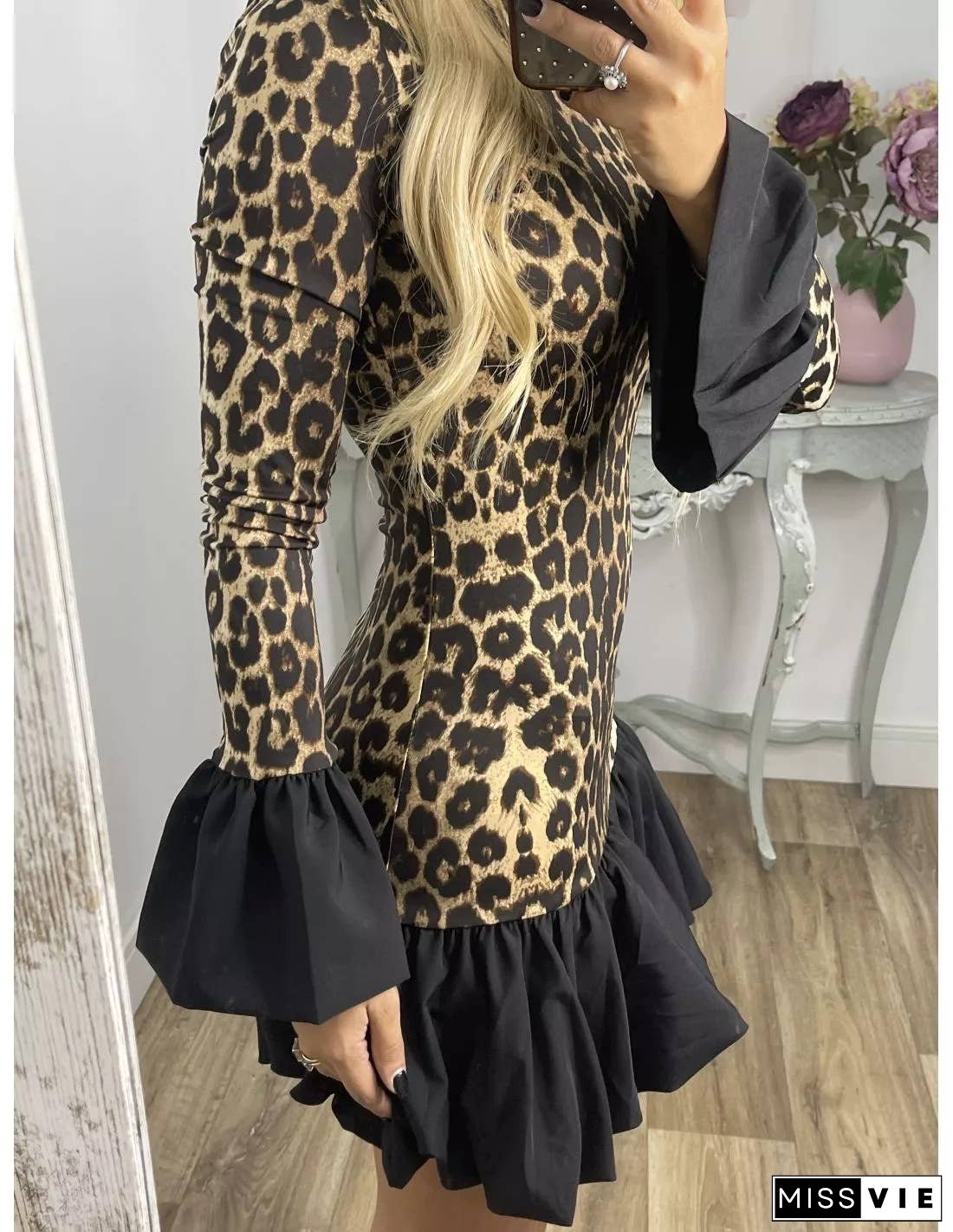 Leopard Print Panelled Flared Sleeve Slim Mini Dress