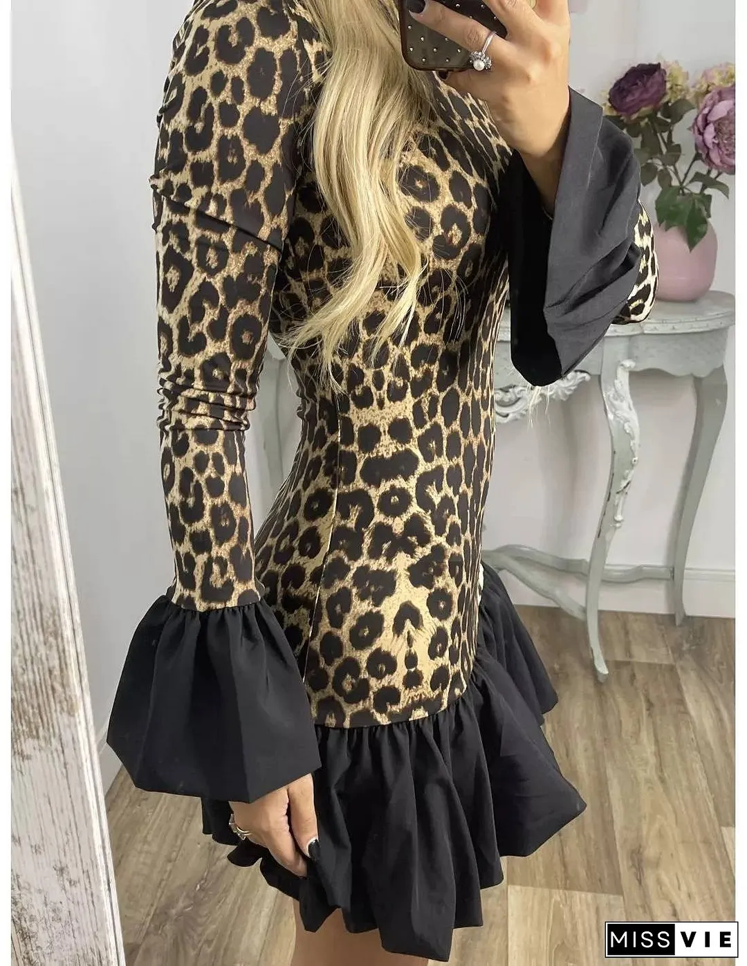 Leopard Print Panelled Flared Sleeve Slim Mini Dress