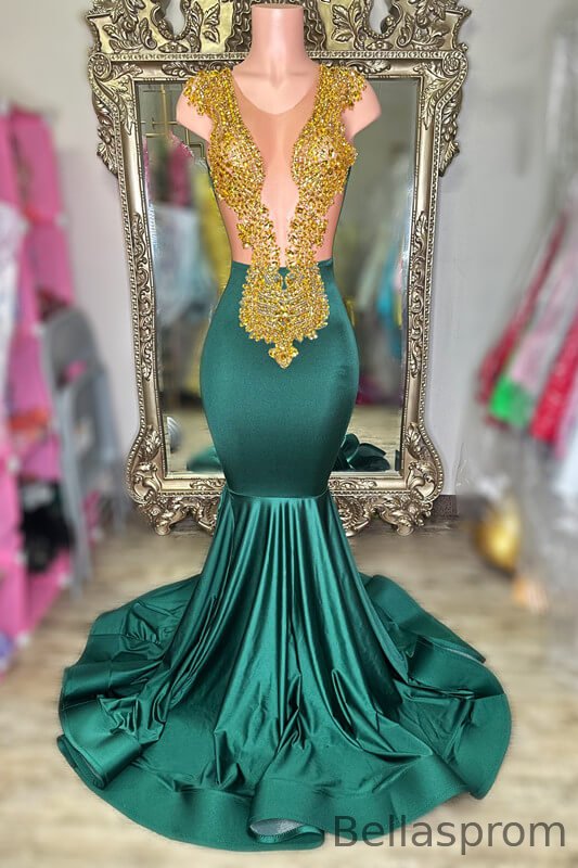 Bellasprom Dark Green Sleeveless Mermaid Prom Dress Scoop With Beadings Crystals Bellasprom