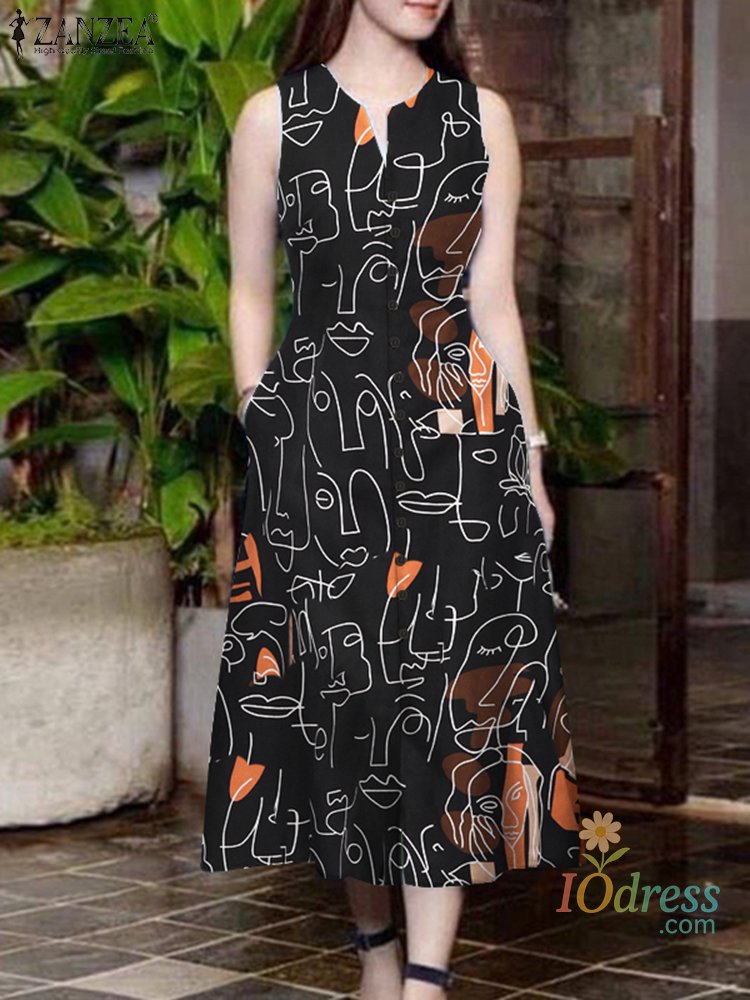 IO Dress Shop Elegant Women Midi Dresses Summer Sleeveless Party Sundress Stylish V Neck Holiday Work Vestidos Print A Line Dress 2025 IO Dress