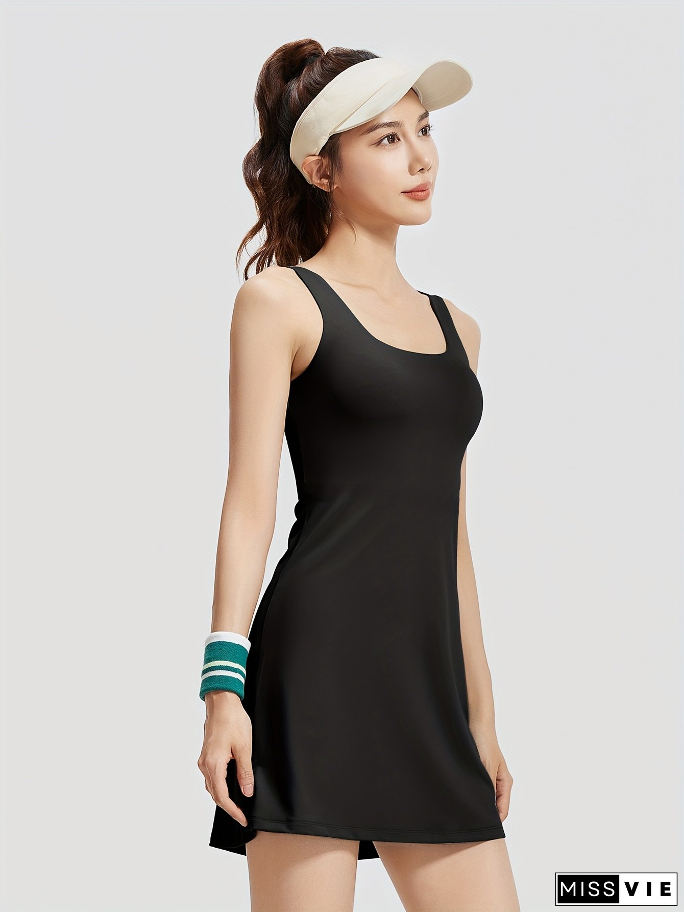 Women's Sleeveless Sports Dress With Built-In Shorts & Chest Pads - Breathable Fabric, Square Neck, Flared Hem, Loose Fit Casual Athletic Dress For Workouts, Gym, Summer (Machine Washable), Workout Clothes