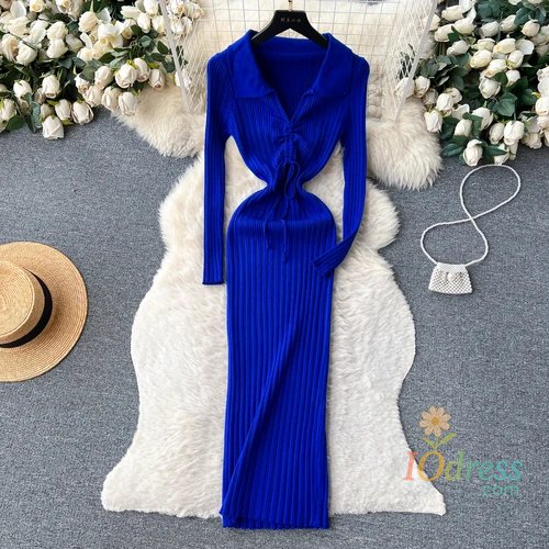IO Dress YuooMuoo Chic Fashion Elegant Turn-down Collar Knitted Long Dress 2024 Autumn Winter Korean Fashion Ribbed Office Lady Bodycon