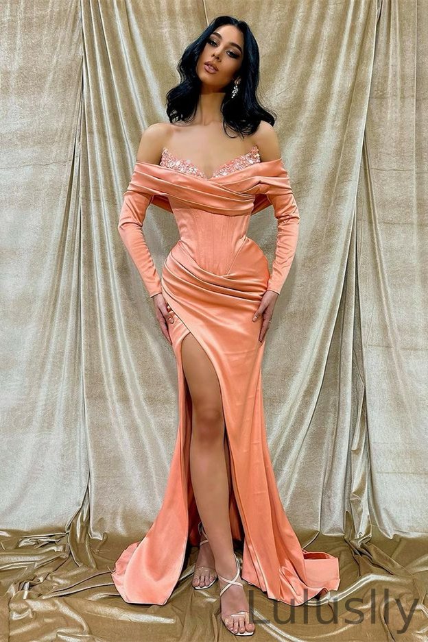 Luluslly Off-the-Shoulder Long Sleeves Prom Dress Mermaid Slit With Sequins