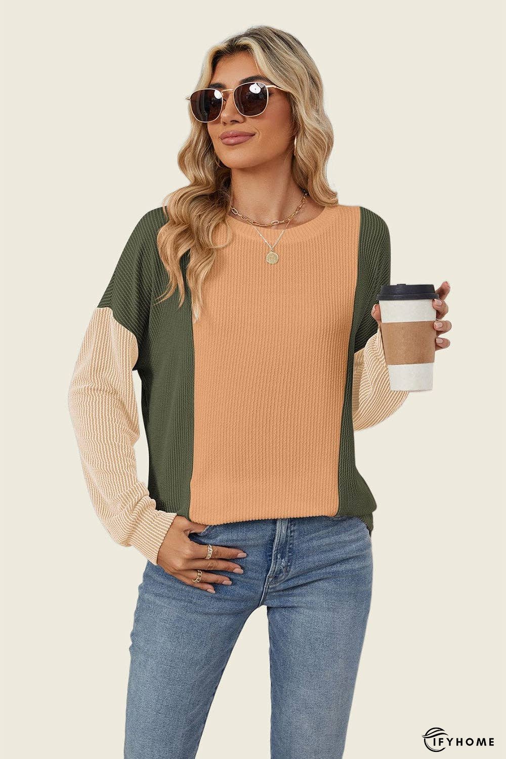 Double Take Texture Contrast Round Neck Long Sleeve T-Shirt | IFYHOME