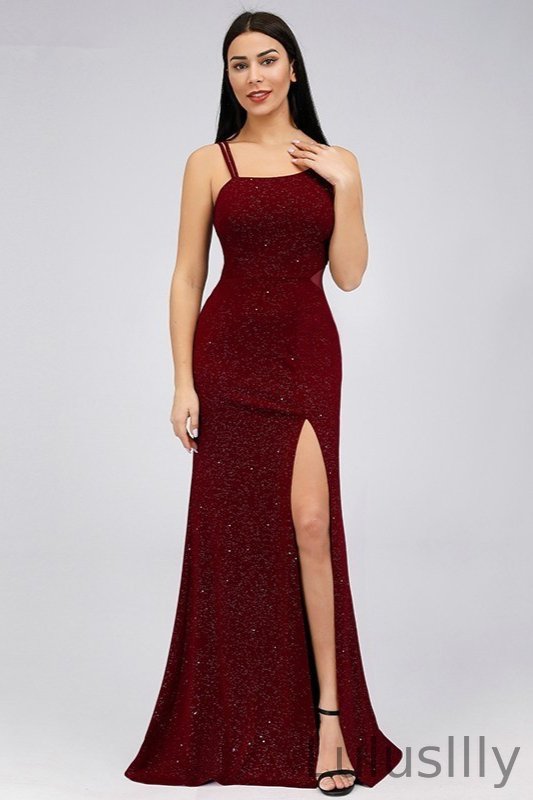 Gorgeous Burgundy Spaghetti-Starps Evening Gowns Sequins Prom Dress With Split - lulusllly