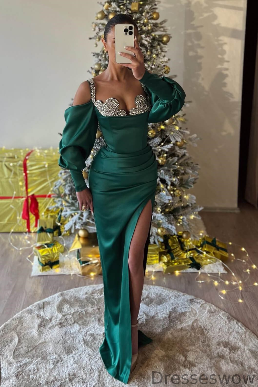 Dresseswow Dark Green Bubble Sleeves Mermaid Evening Dress With Split Crystals
