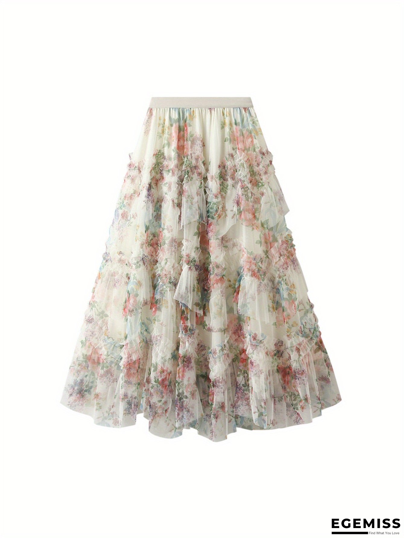 Women&lsquo;s Elegant Floral Mesh Maxi Skirt - High Waist, Ruffled, Layered, Polyester, All-Season, Casual to Formal Attire, Casual Attire | Floral Maxi Skirt | Polyester Fabric | EGEMISS
