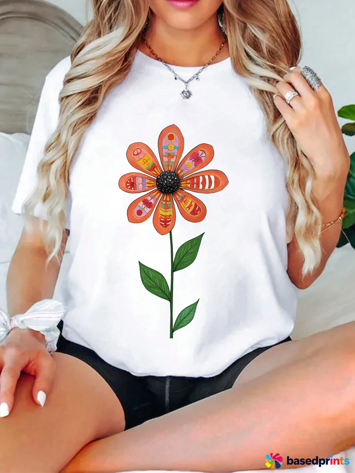 Boho Style Flower Print Short Sleeve T-Shirt Women Casual Tops