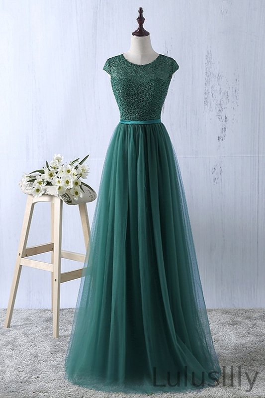 Gorgeous Cap Sleeves Lace Prom Dress Long Tulle Zipper Evening Gowns - lulusllly