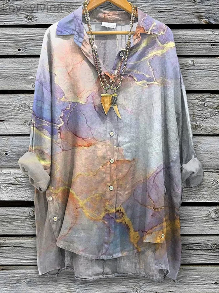 Women's Vintage Marble Print Casual Cotton And Linen Shirt