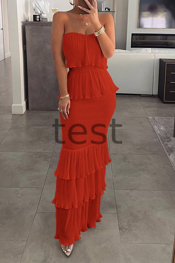 Cedric Off Shoulder Shirred Ruffle Hem Layered Dress RY