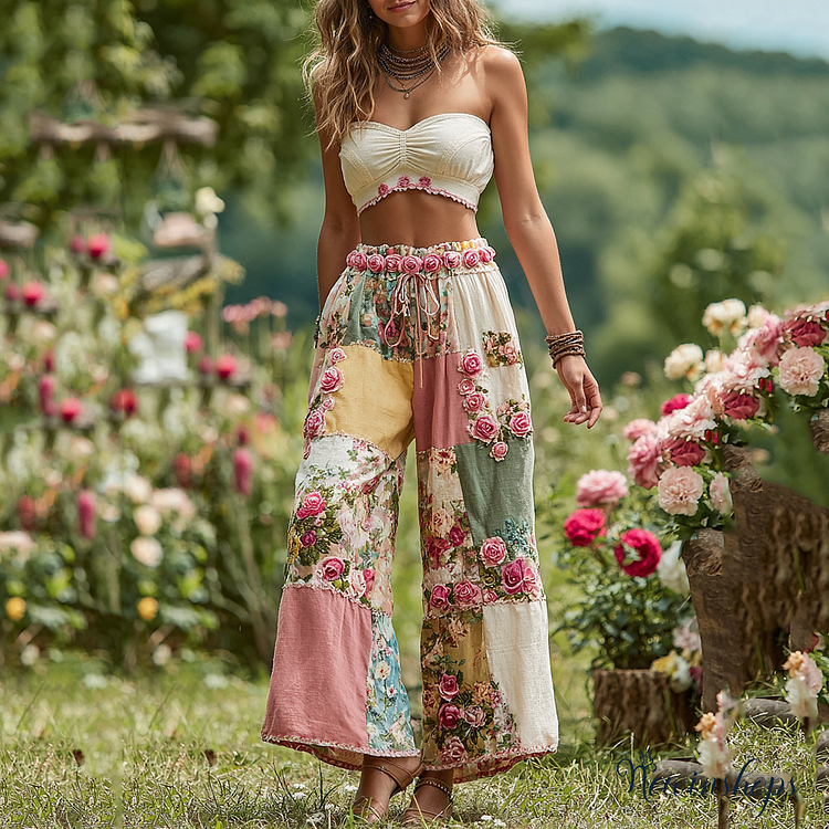 Women's Rose Floral Patchwork Waist Elastic Pocket Pants