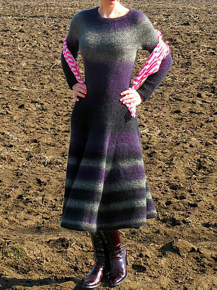 Retro Contrast Striped Waisted Wool Knit Dress