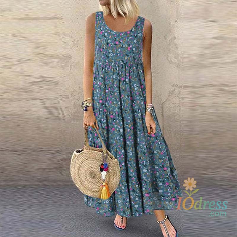 IO Dress Floral Sleeveless Loose Long Boho Casual Dress Women Summer Fashion O Neck Elegant Office Holiday Beach Party Dresses Robe Femme