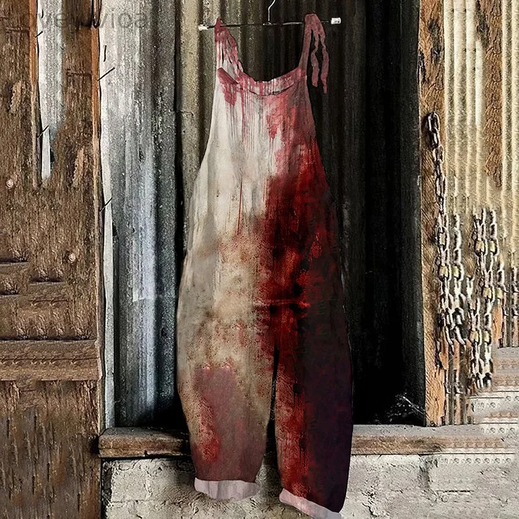 Vintage Bloody Halloween Print Casual Art Linen Loose Casual Jumpsuit