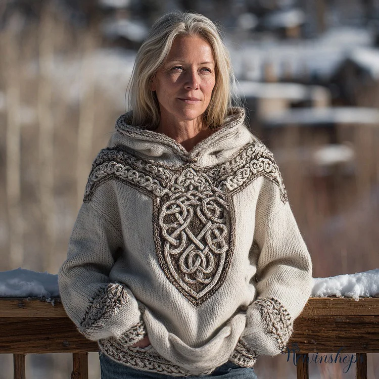 Women's Vintage Viking Celtic Rune Knit Hooded Sweater