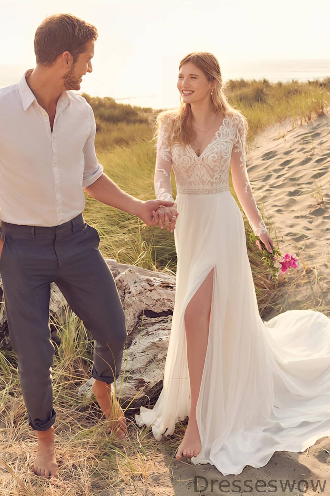 Dresseswow Long Sleeves V-Neck Chiffon Wedding Dress Slit With Lace
