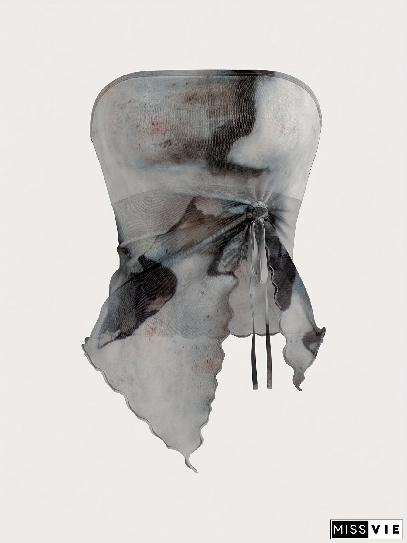 Women's Sexy Stretchy Strapless Top - Asymmetrical Hem Tie-Front Semi-Sheer Tie-Dye Mesh Blouse for Spring/Summer, Adjustable Drawstring Waist & High Elasticity Casual to Evening Wear, Spring Summer Fashion, Soft Texture Fabric