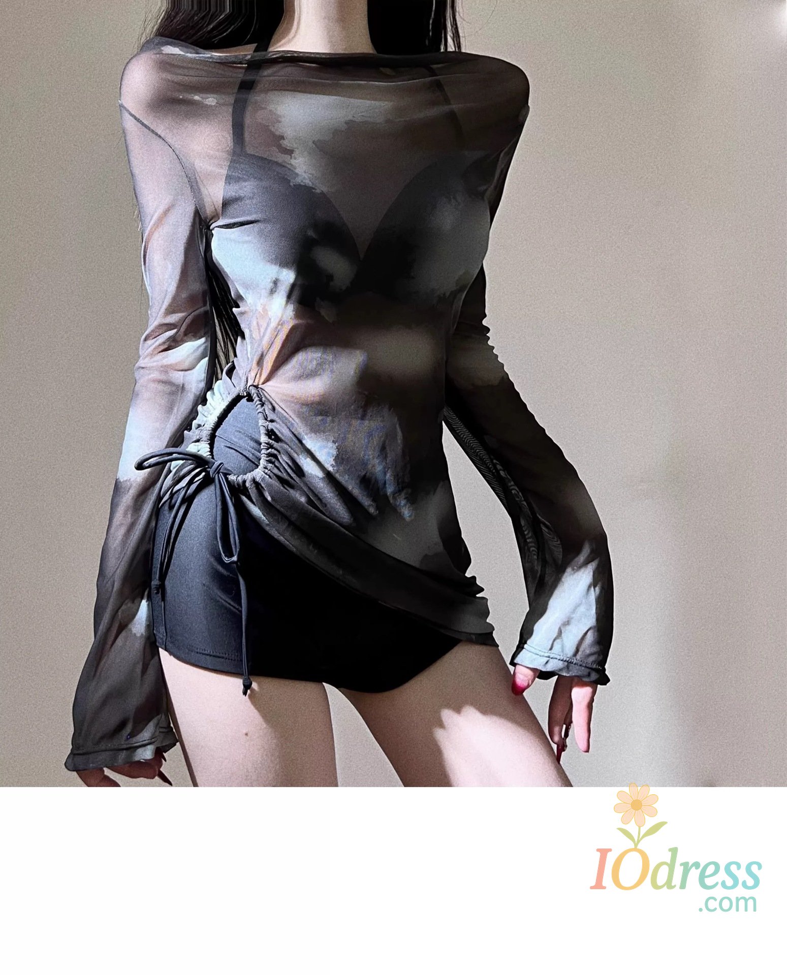 IO Dress sexy Korean fashion tie dye print bikinis shorts sets three pieces with drawstring cover mesh smock swimwear cute beach outfits