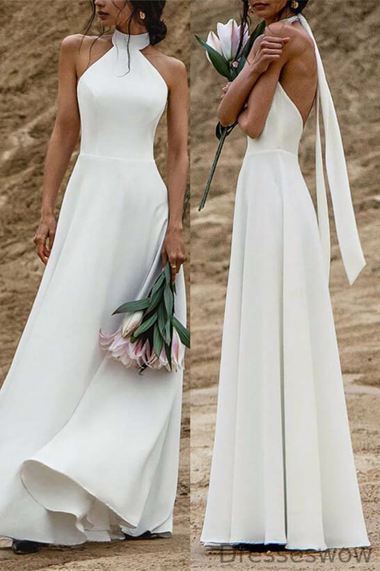 Dresseswow High Neck Sleeveless Wedding Dress Satin A-Line Backless