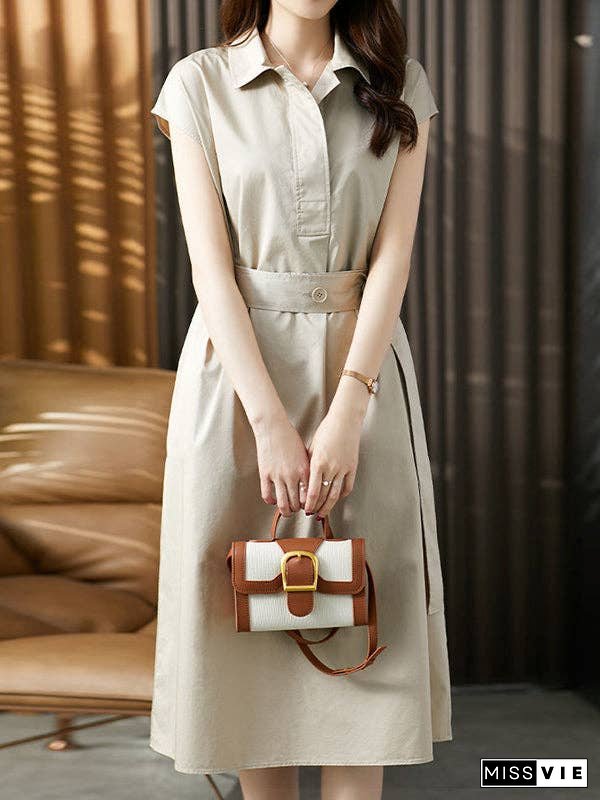 Plus Size Short Sleeves Bandage Solid Color Lapel Midi Dresses