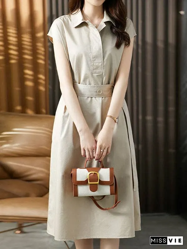 Plus Size Short Sleeves Bandage Solid Color Lapel Midi Dresses