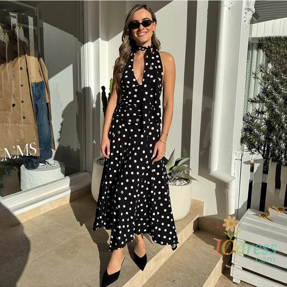 IO Dress Blifanbo Polka Dot Halter Sexy Maxi Dress For Women Off-shoulder V Neck Sleeveless Backless Lace-up Fashion Holiday Long Dress IO Dress