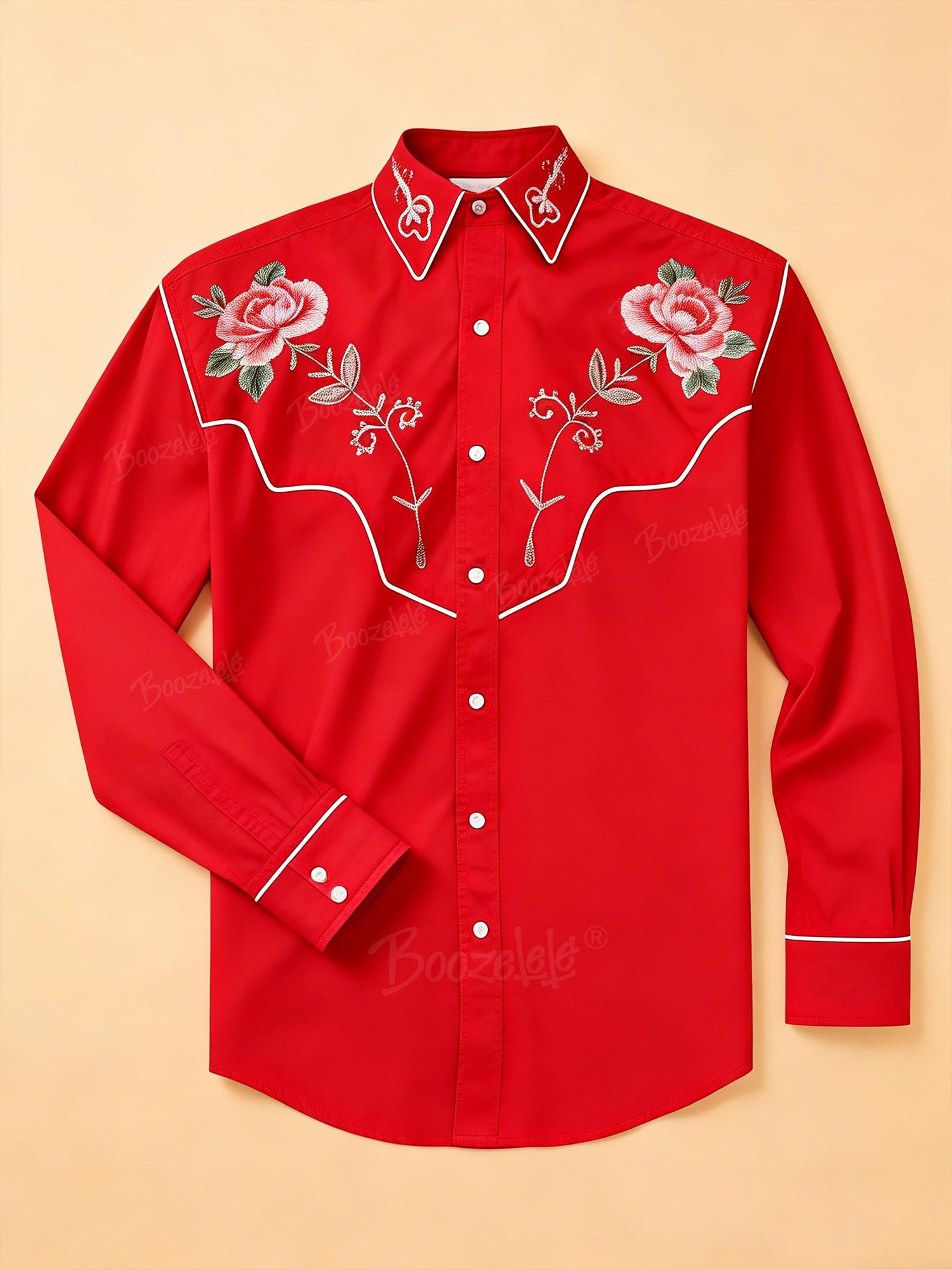 Men'S Retro Western Style Bright Red Rose Print Long-Sleeve Shirt - 100% Cotton