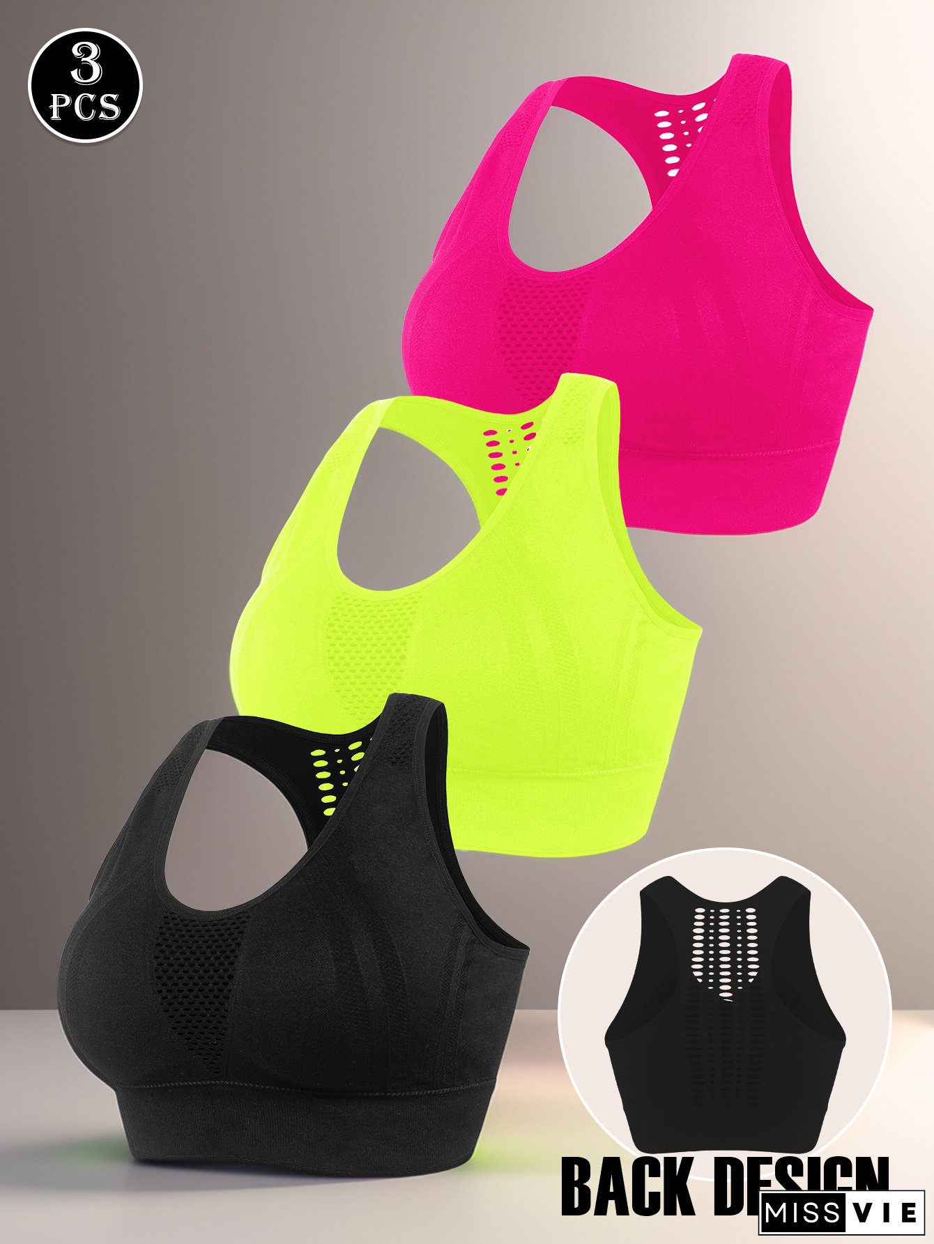 [Wireless Sports Bras] 3pcs Wireless Sports Bras | No Underwire, Removable Pads, Breathable Mesh Back, Wide Straps, Minimalist Design for Gym, Yoga & Casual Attire (Black, Pink, Neon Green)