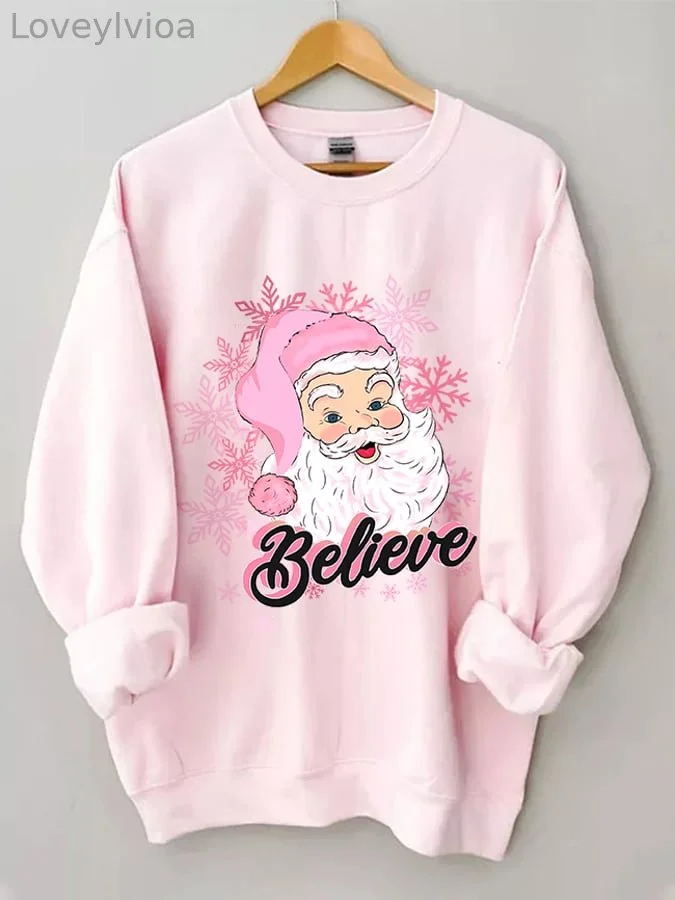 Women's Pink Santa Print Casual Sweatshirt