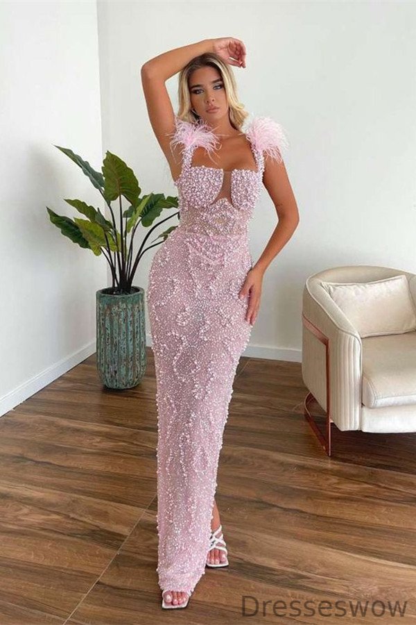 Dresseswow Pink Straps Prom Dress Mermaid Pearls Beads With Feather