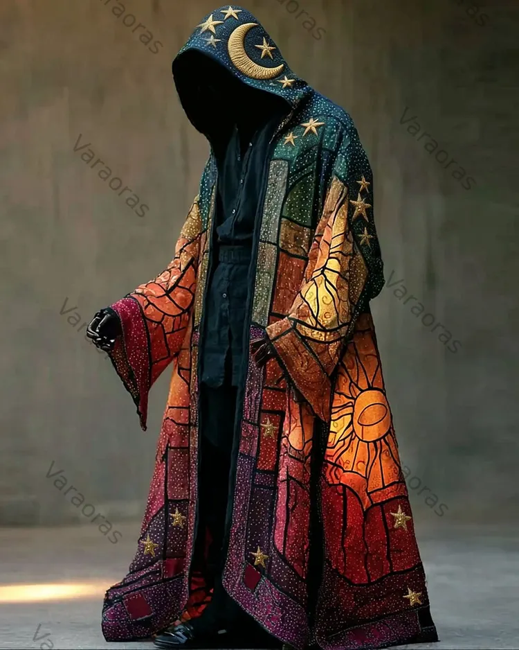 Men's Summer Fashion Star and Moon Print Linen Hooded Cape 6635