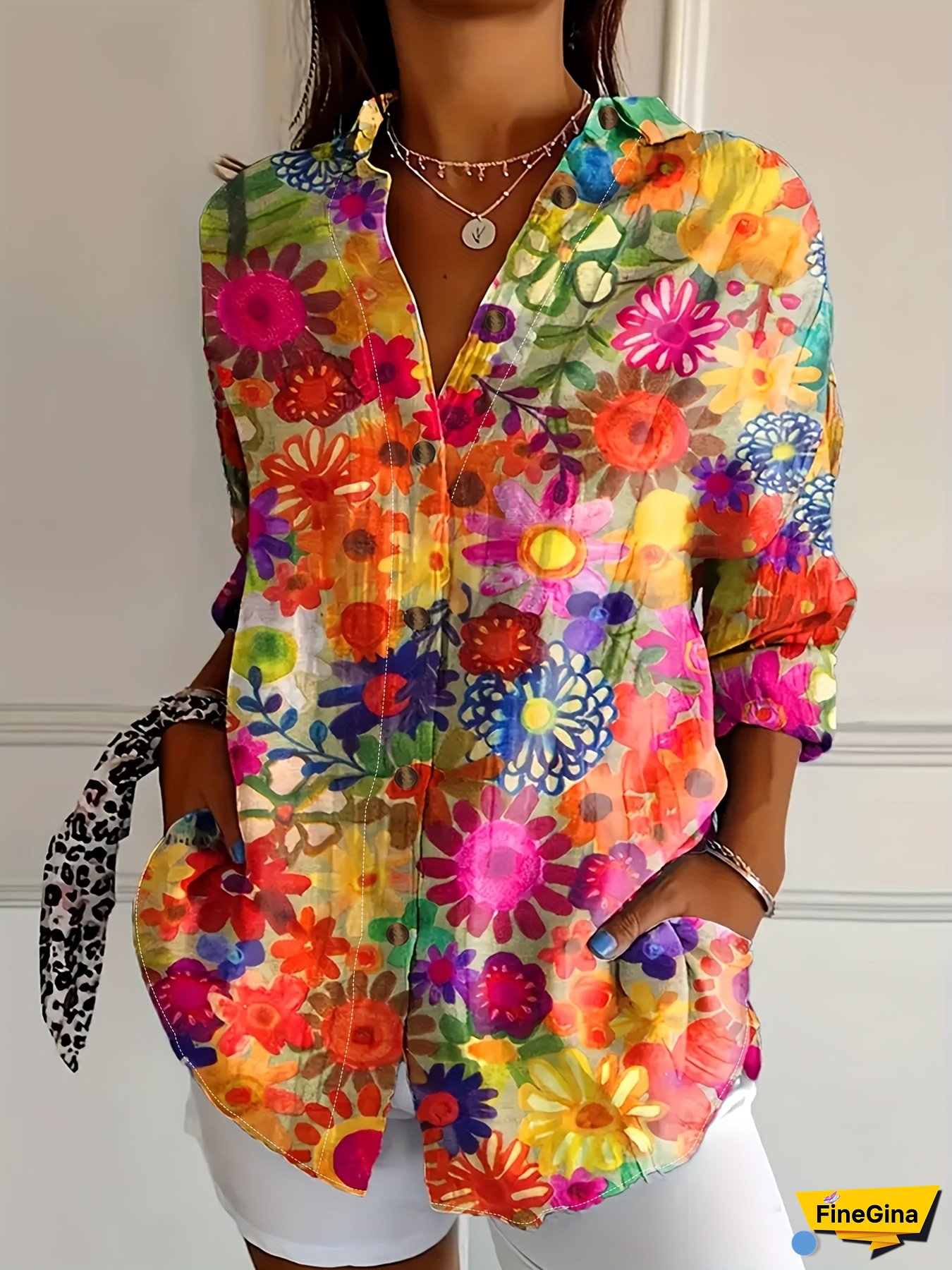 Women‘s Floral Print Blouse with Cat Ear Detail - White Button-Up Shirt with Pink, Blue, and Green Floral Design, Perfect for Spring/Summer/Fall, Casual Attire, Casual Attire|Floral Print Shirt|Lapel Collar Shirt