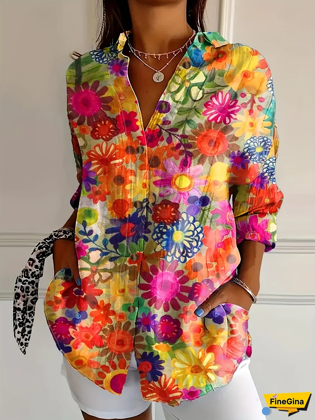 Women‘s Floral Print Blouse with Cat Ear Detail - White Button-Up Shirt with Pink, Blue, and Green Floral Design, Perfect for Spring/Summer/Fall, Casual Attire, Casual Attire|Floral Print Shirt|Lapel Collar Shirt