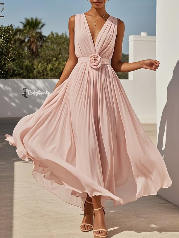 V-neck Sleeveless Solid Color Chiffon Maxi Dress
